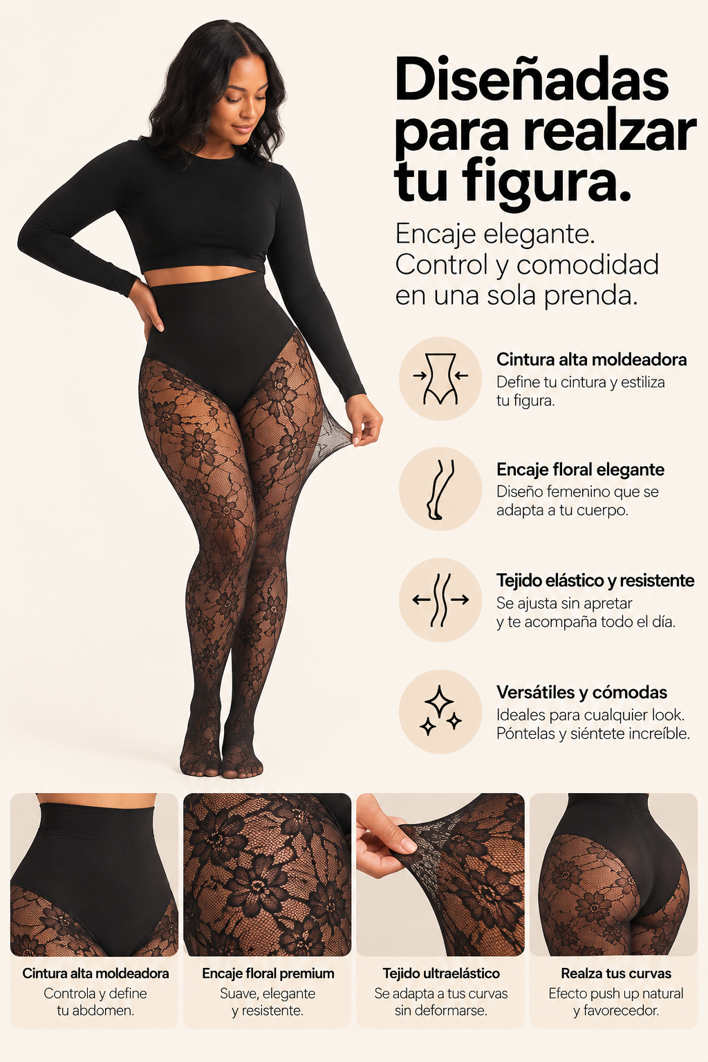 Medias moldeadoras de encaje con panel de cintura alta para el abdomen