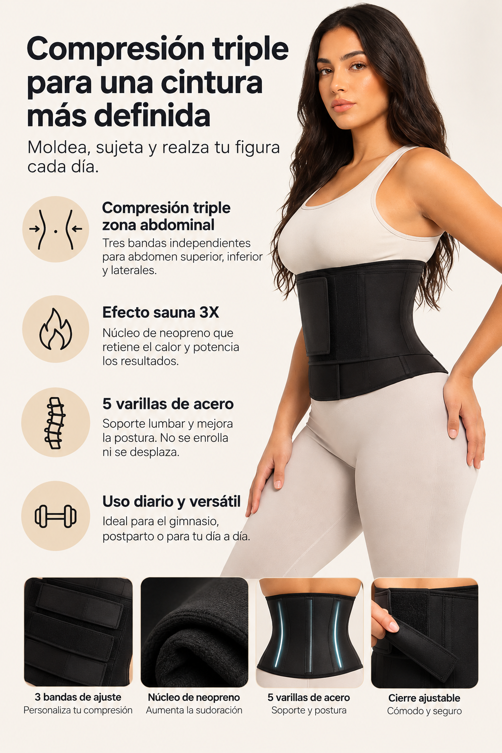 Detalle del cierre de velcro de la faja moldeadora