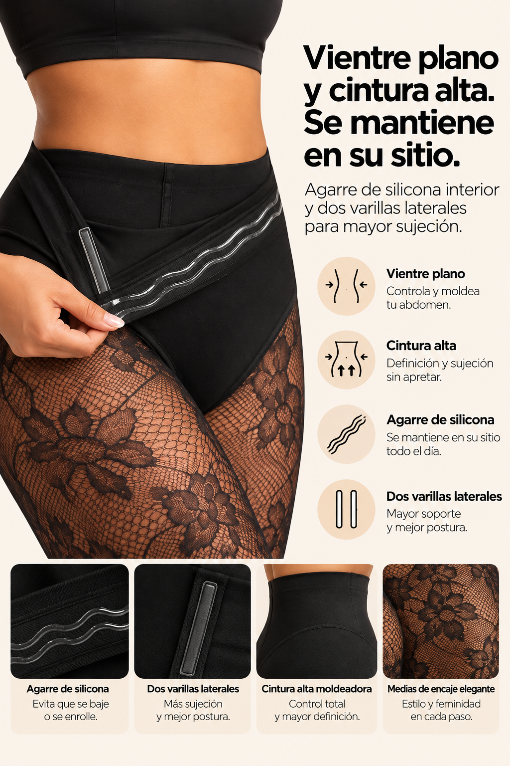 Detalle del encaje floral de las medias moldeadoras de encaje Bella Rosé