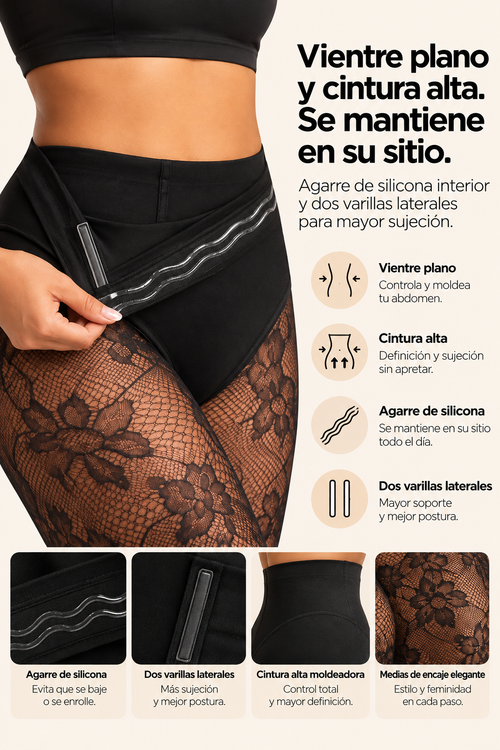 Detalle del encaje floral de las medias moldeadoras de encaje Bella Rosé