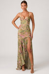Vestido Corsé Premium Haruna con falda de sirena, tejido de malla floral y diseño elegante.