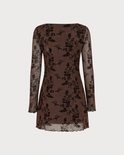 Vestido mini floral de tul con mangas largas